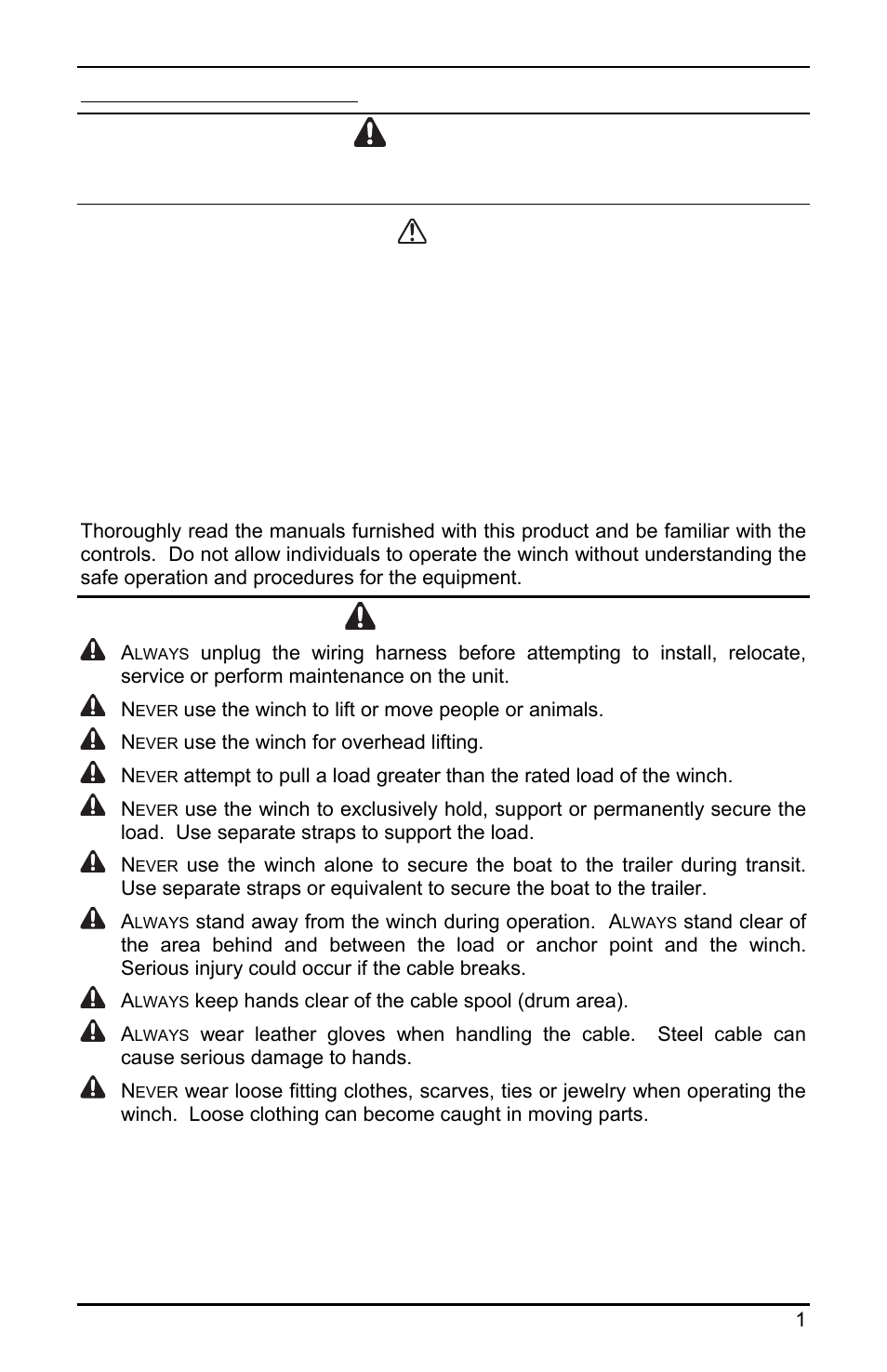 Warning, Warnings, Caution | Powerwinch RC 30 User Manual | Page 3 / 20