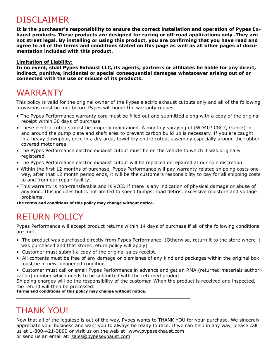 Disclaimer, Warranty, Return policy | Pypes Performance Exhaust HVE11 User Manual | Page 2 / 2