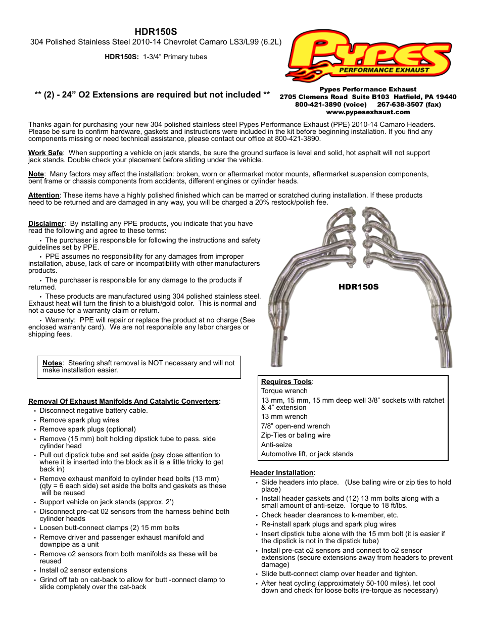 Pypes Performance Exhaust HDR150S User Manual | 1 page