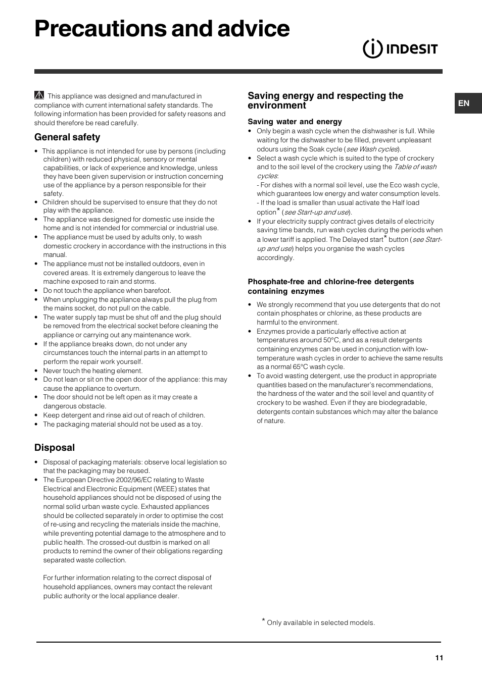 Precautions and advice, General safety, Disposal | Saving energy and respecting the environment | Indesit DFP 5731 NX User Manual | Page 11 / 84