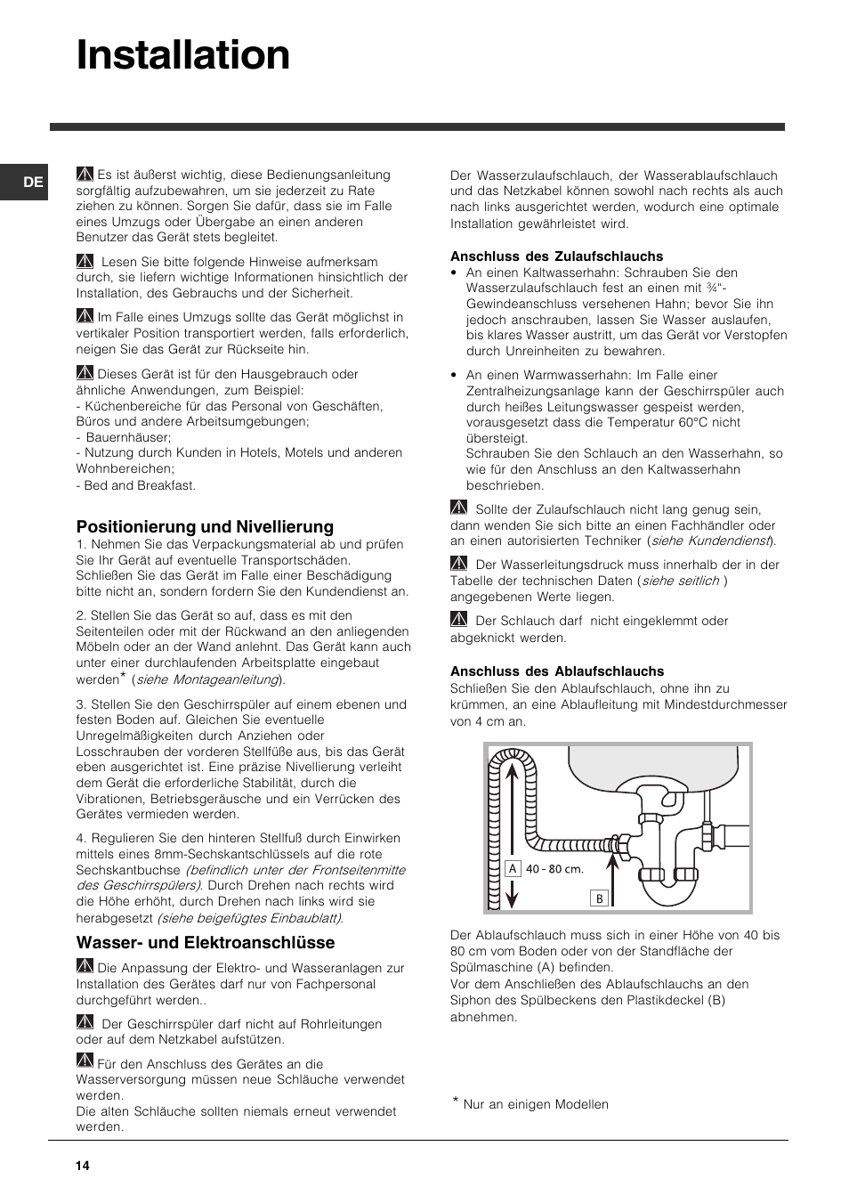 Installation, Positionierung und nivellierung, Wasser- und elektroanschlüsse | Indesit DFP 5731 NX User Manual | Page 14 / 84