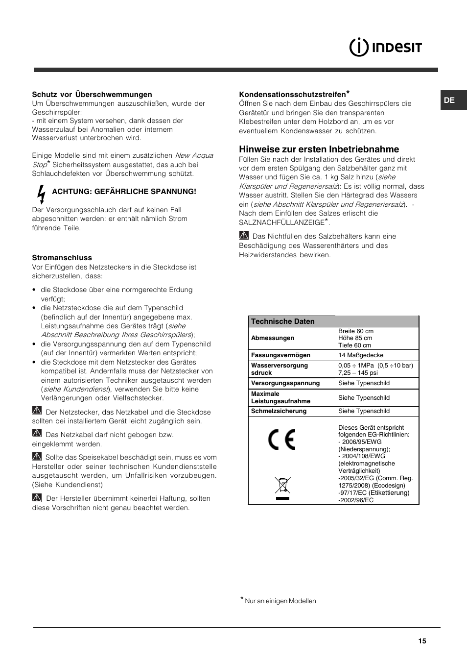 Hinweise zur ersten inbetriebnahme | Indesit DFP 5731 NX User Manual | Page 15 / 84
