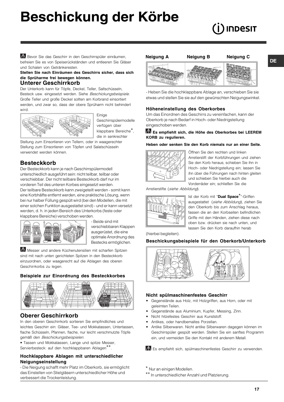 Beschickung der körbe, Unterer geschirrkorb, Besteckkorb | Oberer geschirrkorb | Indesit DFP 5731 NX User Manual | Page 17 / 84