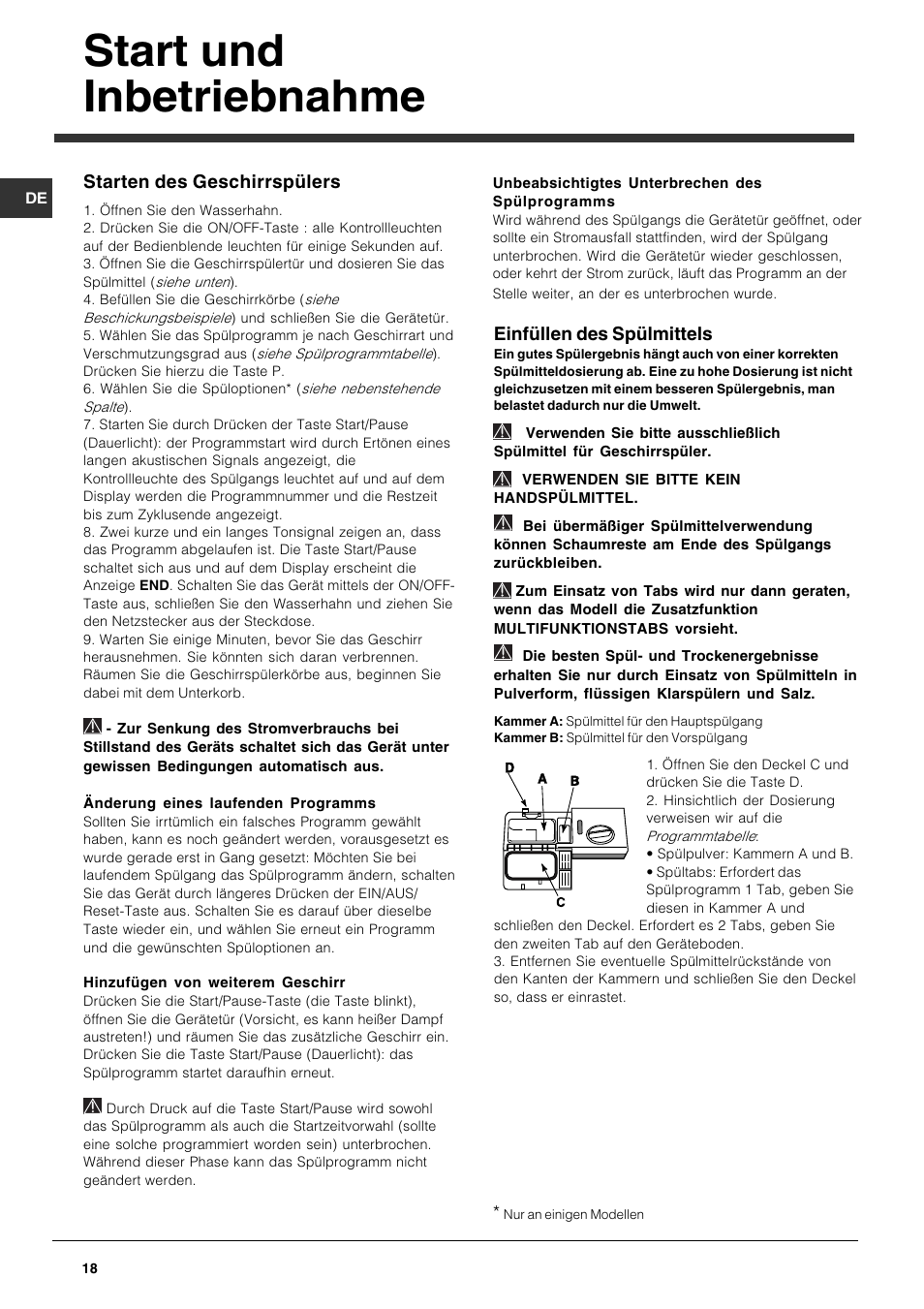 Start und inbetriebnahme, Einfüllen des spülmittels, Starten des geschirrspülers | Indesit DFP 5731 NX User Manual | Page 18 / 84