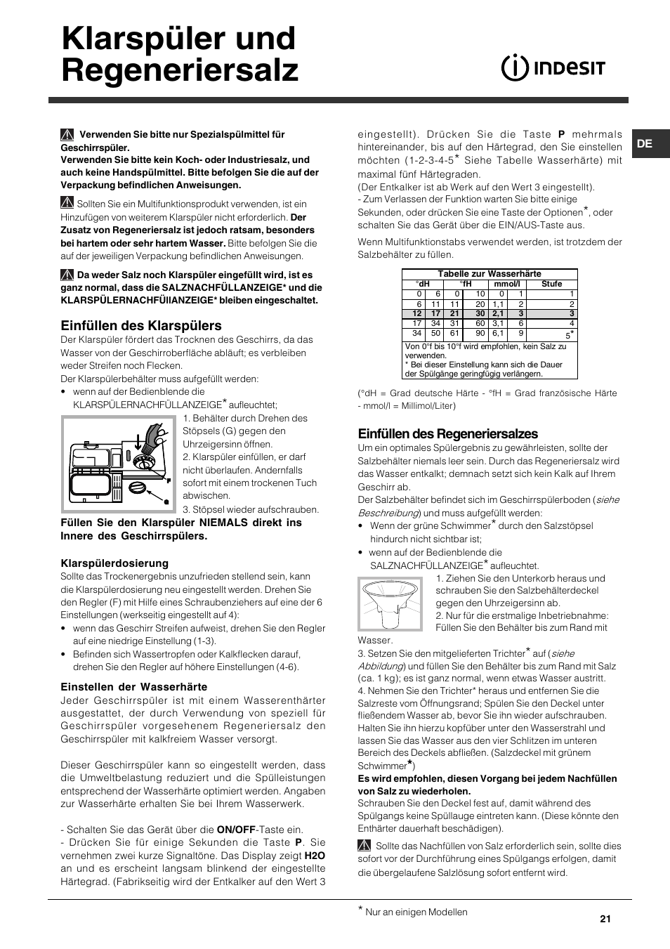 Klarspüler und regeneriersalz, Einfüllen des klarspülers, Einfüllen des regeneriersalzes | Indesit DFP 5731 NX User Manual | Page 21 / 84