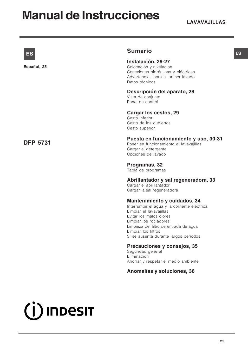 Manual de instrucciones, Sumario, Dfp 5731 | Indesit DFP 5731 NX User Manual | Page 25 / 84