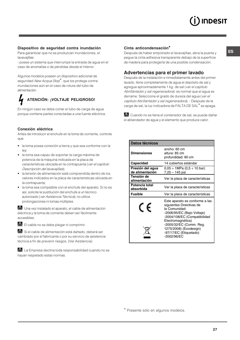 Advertencias para el primer lavado | Indesit DFP 5731 NX User Manual | Page 27 / 84
