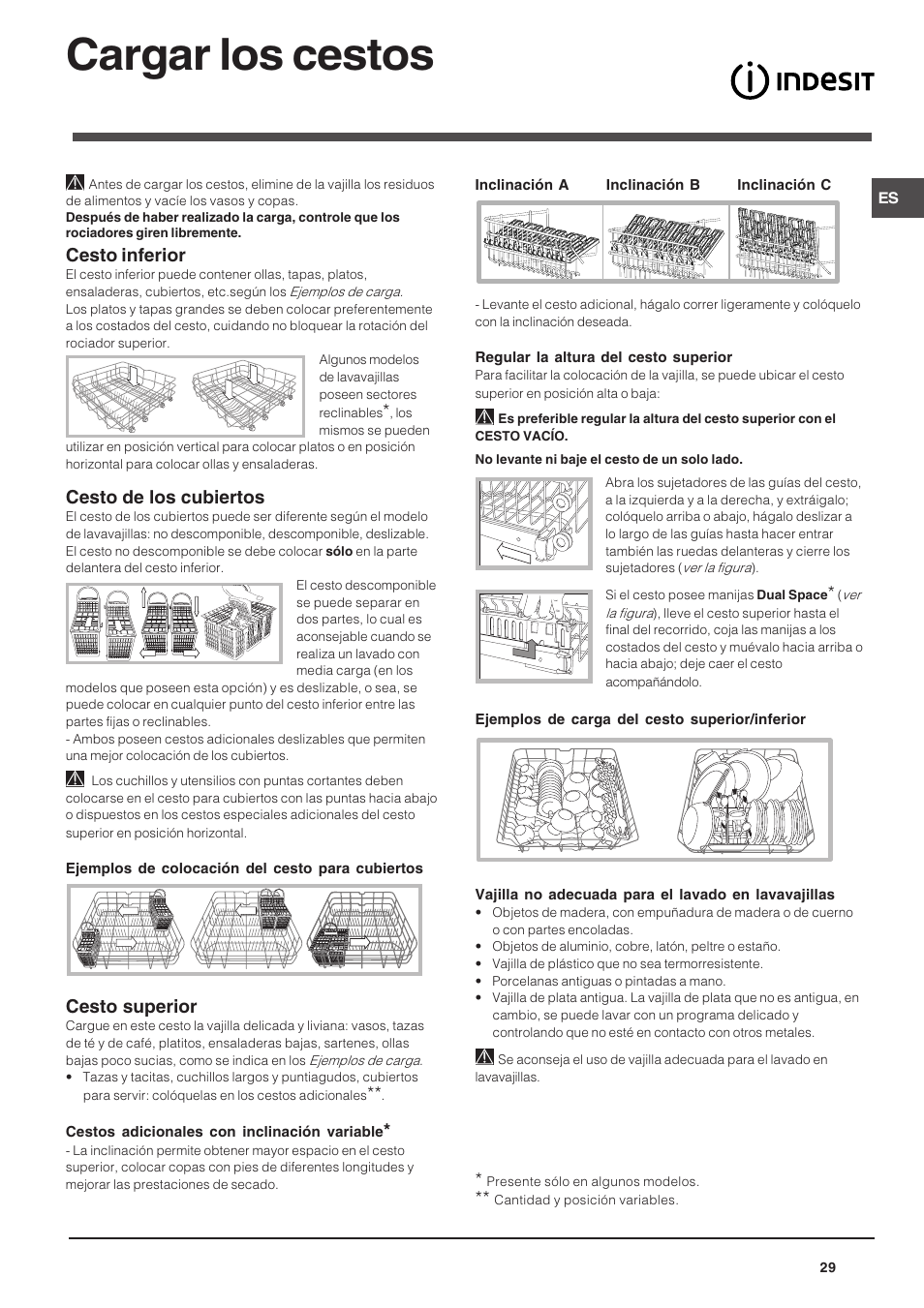 Cargar los cestos, Cesto inferior, Cesto de los cubiertos | Cesto superior | Indesit DFP 5731 NX User Manual | Page 29 / 84