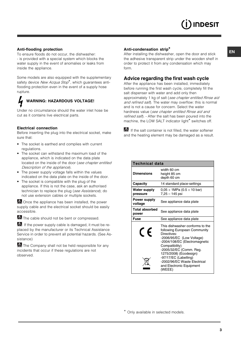 Advice regarding the first wash cycle | Indesit DFP 5731 NX User Manual | Page 3 / 84