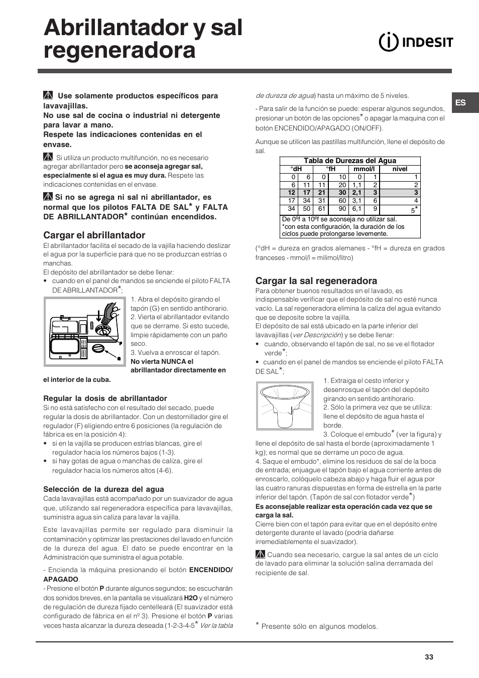 Abrillantador y sal regeneradora, Cargar el abrillantador, Cargar la sal regeneradora | Indesit DFP 5731 NX User Manual | Page 33 / 84