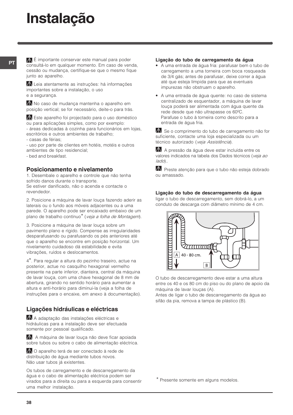 Instalação, Posicionamento e nivelamento, Ligações hidráulicas e eléctricas | Indesit DFP 5731 NX User Manual | Page 38 / 84