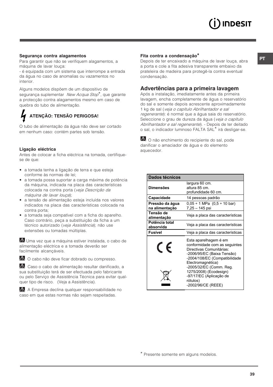 Advertências para a primeira lavagem | Indesit DFP 5731 NX User Manual | Page 39 / 84