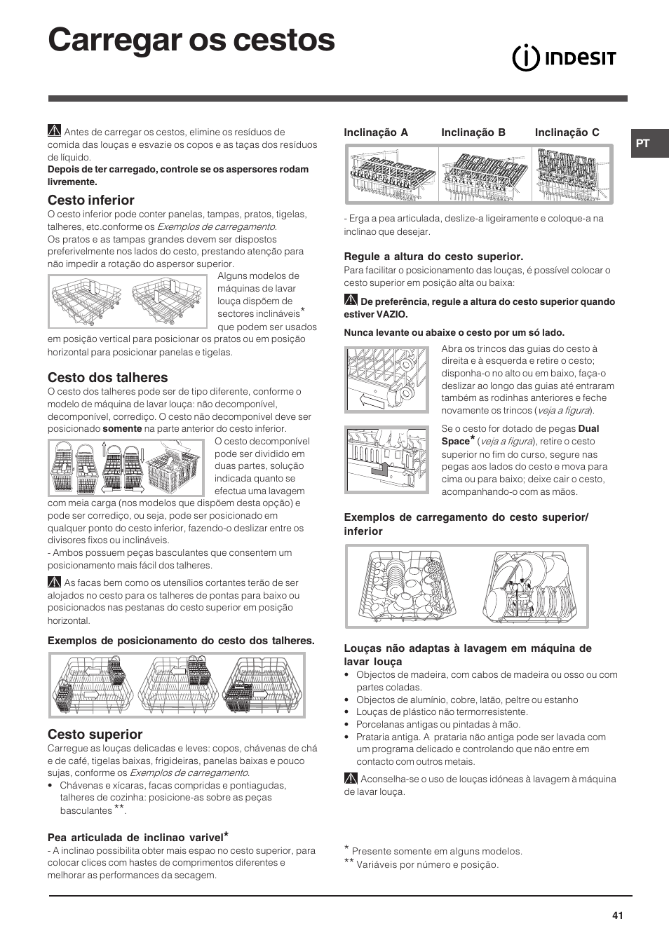 Carregar os cestos, Cesto inferior, Cesto dos talheres | Cesto superior | Indesit DFP 5731 NX User Manual | Page 41 / 84