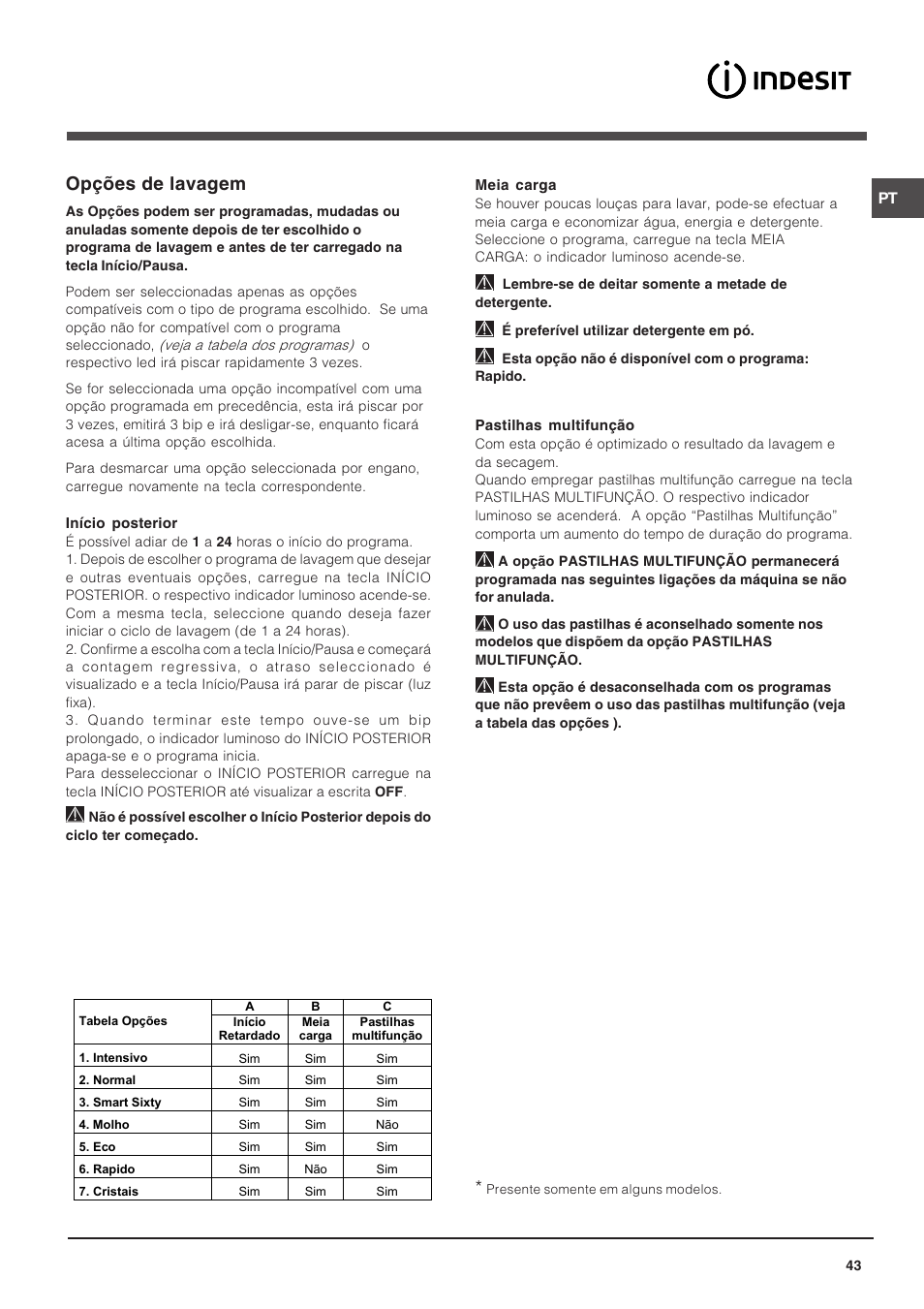 Opções de lavagem | Indesit DFP 5731 NX User Manual | Page 43 / 84