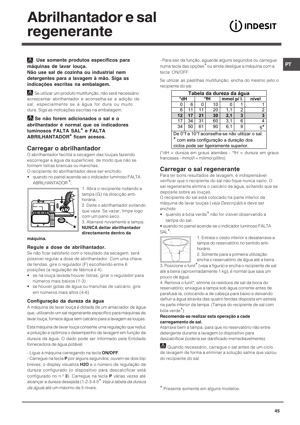Abrilhantador e sal regenerante, Carregar o abrilhantador, Carregar o sal regenerante | Indesit DFP 5731 NX User Manual | Page 45 / 84