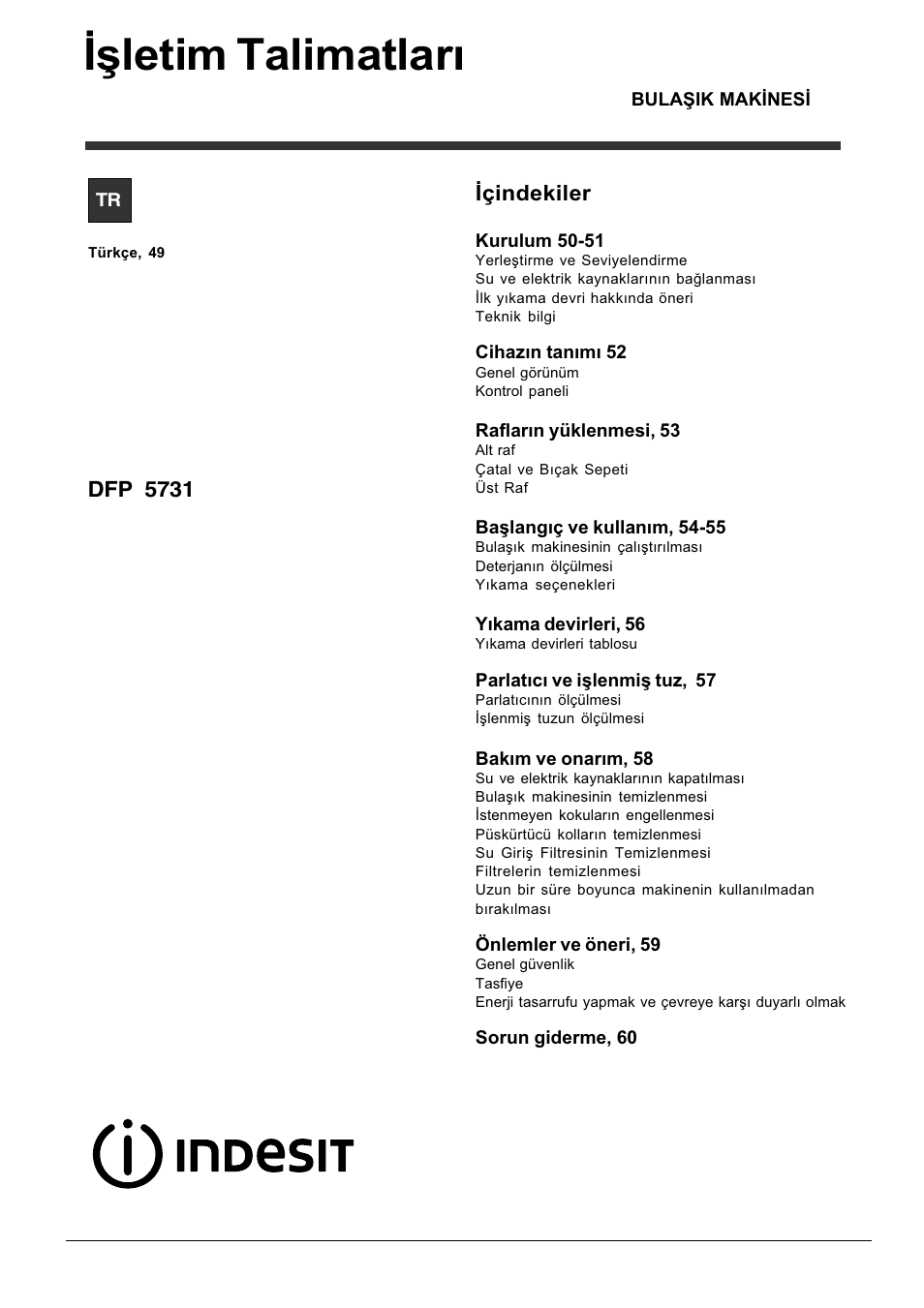 Ýþletim talimatlarý, Ýçindekiler | Indesit DFP 5731 NX User Manual | Page 49 / 84