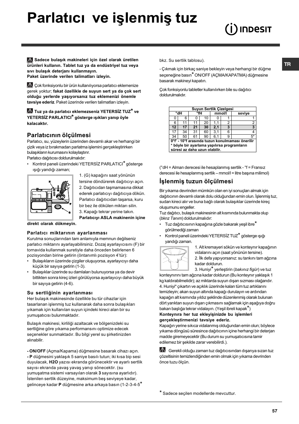 Parlatýcý ve iþlenmiþ tuz, Parlatýcýnýn ölçülmesi, Ýþlenmiþ tuzun ölçülmesi | Indesit DFP 5731 NX User Manual | Page 57 / 84