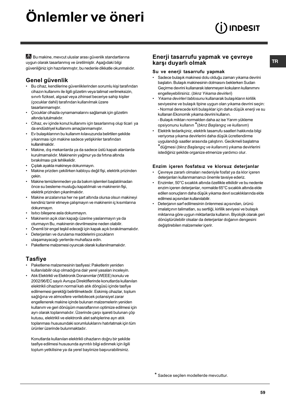 Önlemler ve öneri, Genel güvenlik, Tasfiye | Indesit DFP 5731 NX User Manual | Page 59 / 84