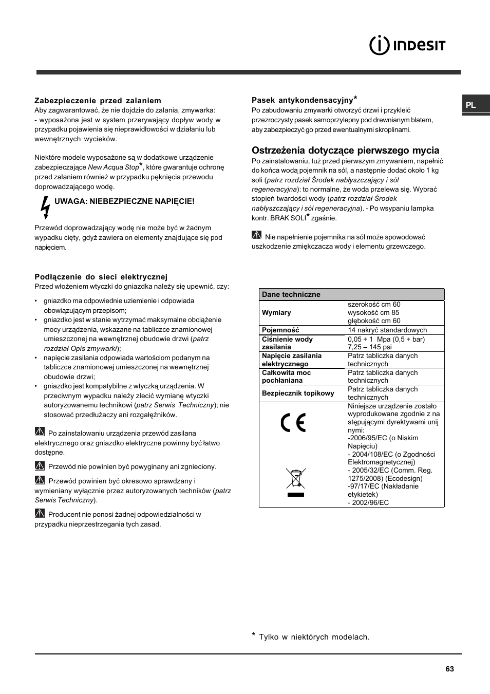 Ostrze¿enia dotycz¹ce pierwszego mycia | Indesit DFP 5731 NX User Manual | Page 63 / 84