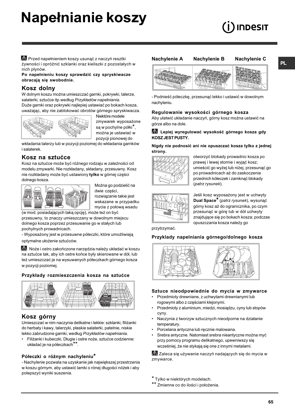 Nape³nianie koszy, Kosz dolny, Kosz na sztuæce | Kosz górny | Indesit DFP 5731 NX User Manual | Page 65 / 84