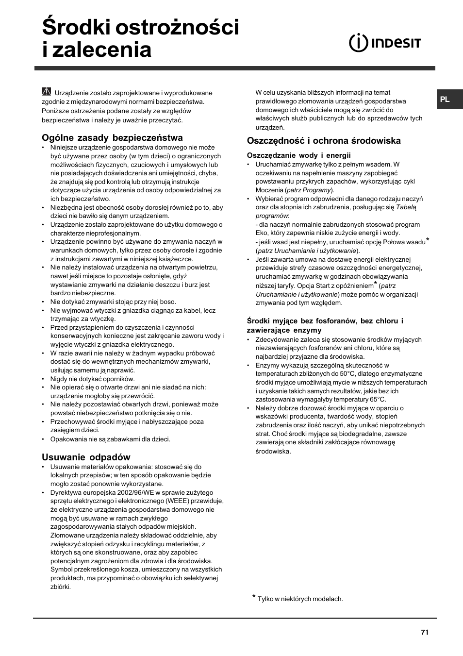 Rodki ostro¿noci i zalecenia, Ogólne zasady bezpieczeñstwa, Usuwanie odpadów | Oszczêdnoæ i ochrona rodowiska | Indesit DFP 5731 NX User Manual | Page 71 / 84