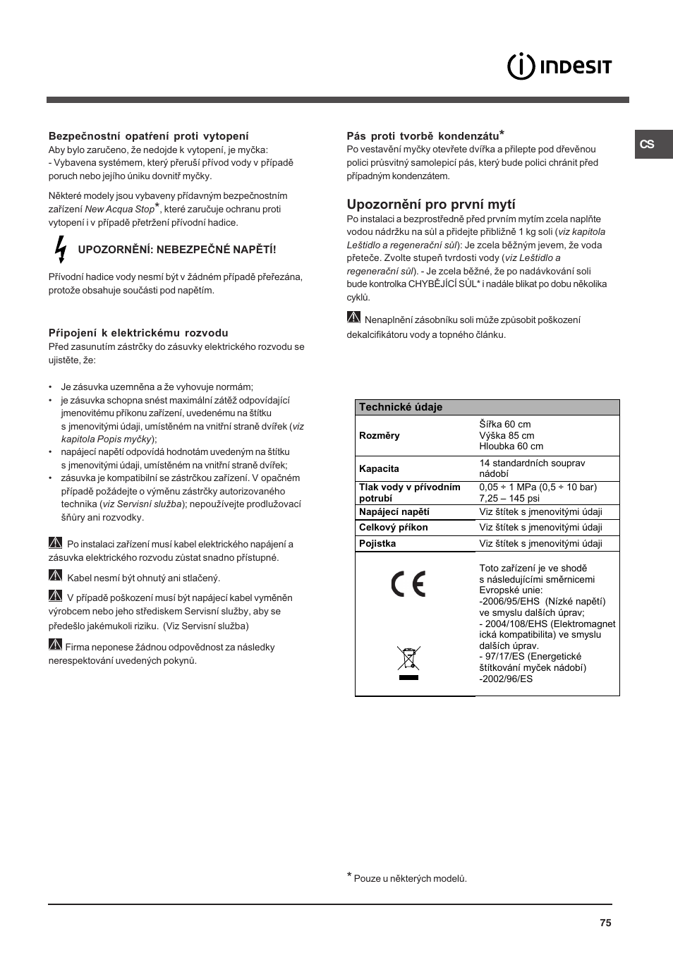 Upozornìní pro první mytí | Indesit DFP 5731 NX User Manual | Page 75 / 84