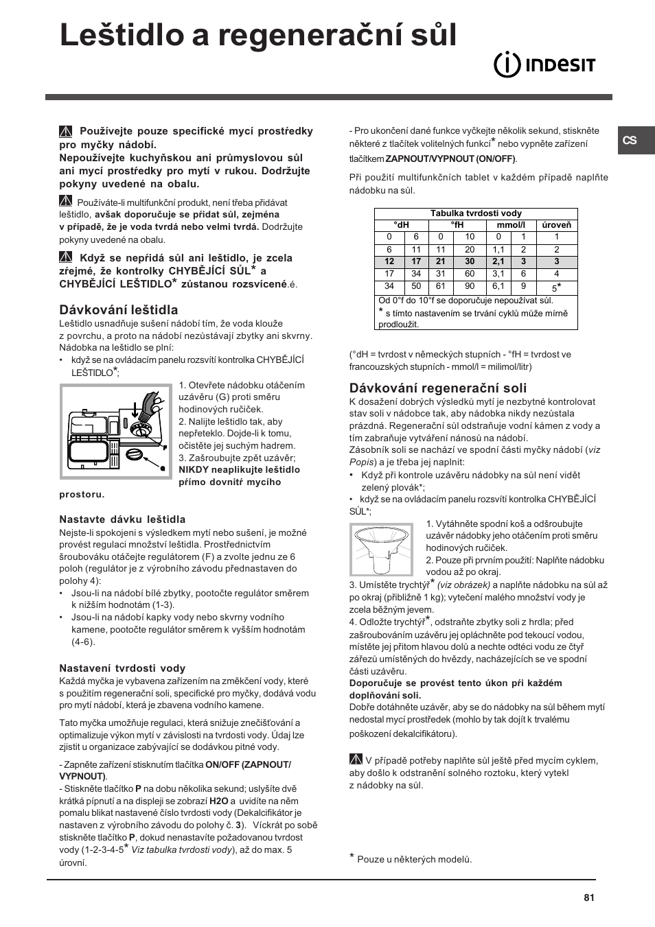 Letidlo a regeneraèní sùl, Dávkování letidla, Dávkování regeneraèní soli | Indesit DFP 5731 NX User Manual | Page 81 / 84