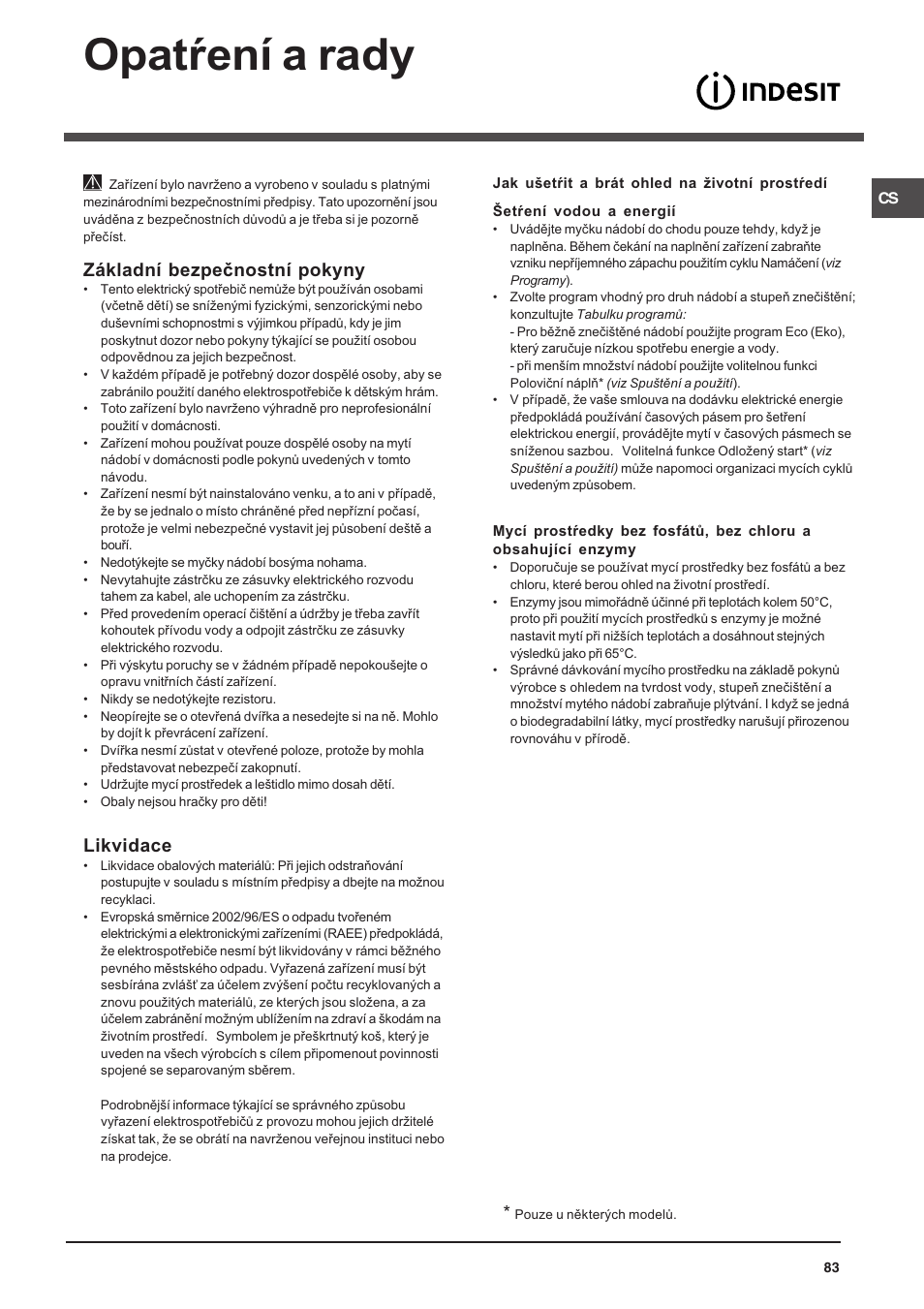 Opatøení a rady, Základní bezpeènostní pokyny, Likvidace | Indesit DFP 5731 NX User Manual | Page 83 / 84