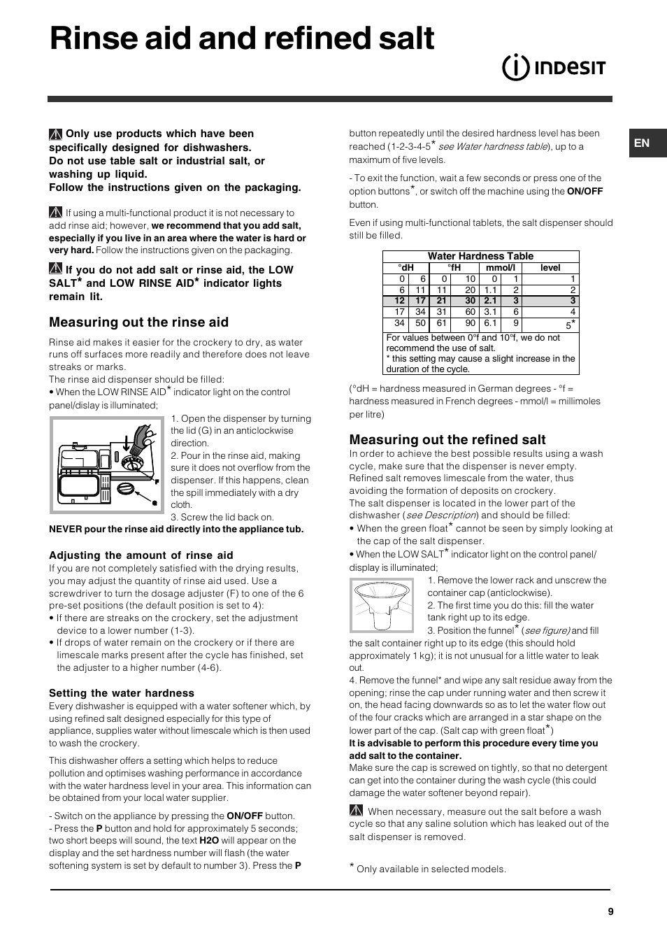 Rinse aid and refined salt, Measuring out the rinse aid, Measuring out the refined salt | Indesit DFP 5731 NX User Manual | Page 9 / 84