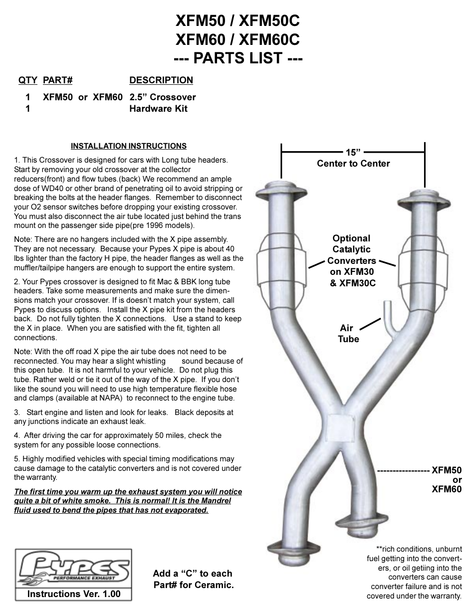 Pypes Performance Exhaust XFM60 User Manual | 1 page