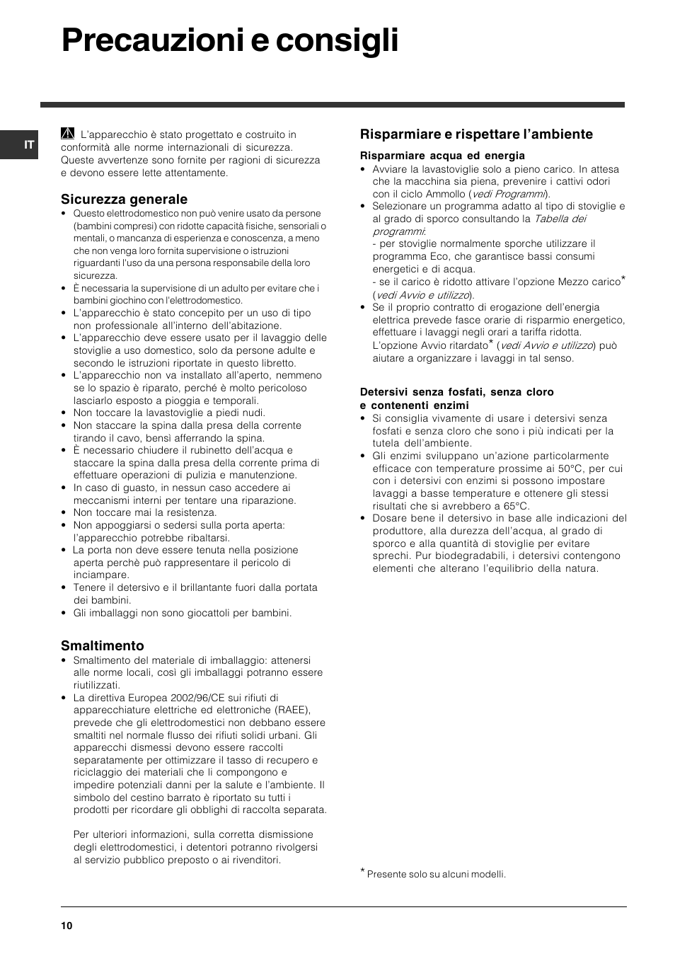 Precauzioni e consigli, Sicurezza generale, Smaltimento | Risparmiare e rispettare lambiente | Indesit DFG 051 User Manual | Page 10 / 80