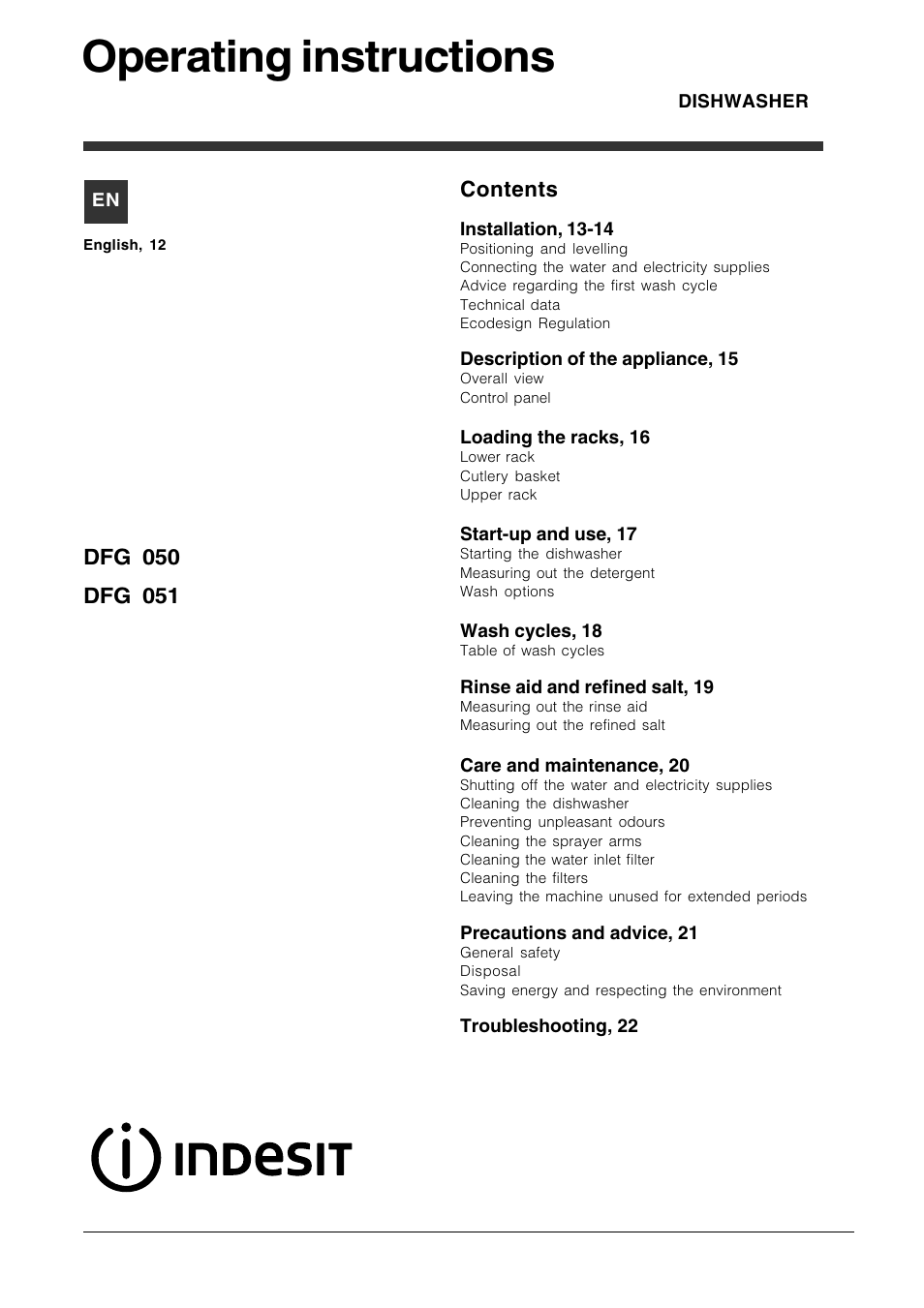 Indesit DFG 051 User Manual | Page 12 / 80
