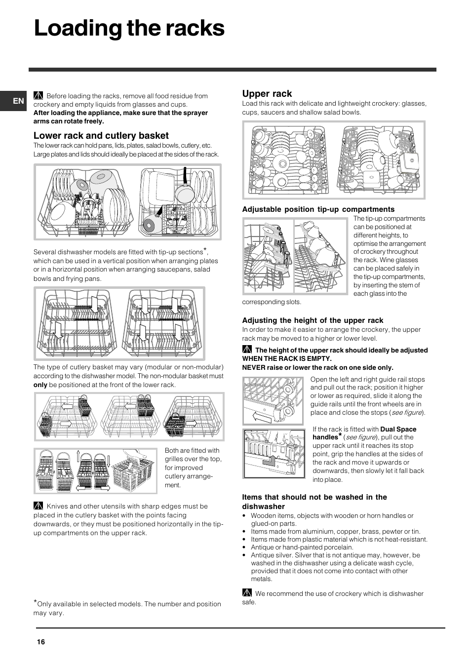 Loading the racks, Lower rack and cutlery basket, Upper rack | Indesit DFG 051 User Manual | Page 16 / 80