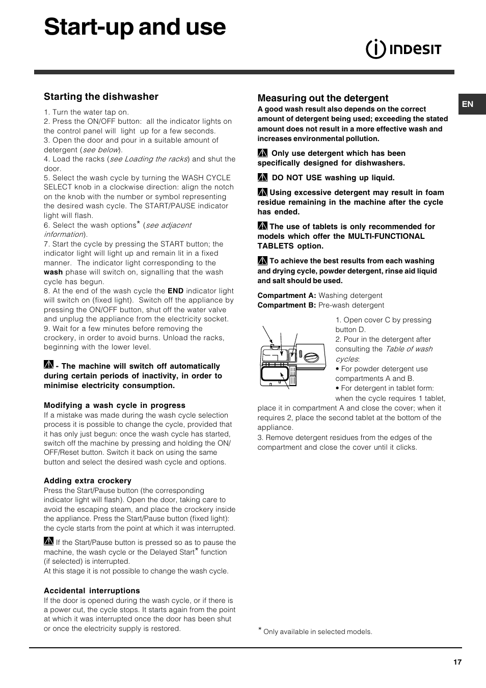 Start-up and use, Measuring out the detergent, Starting the dishwasher | Indesit DFG 051 User Manual | Page 17 / 80