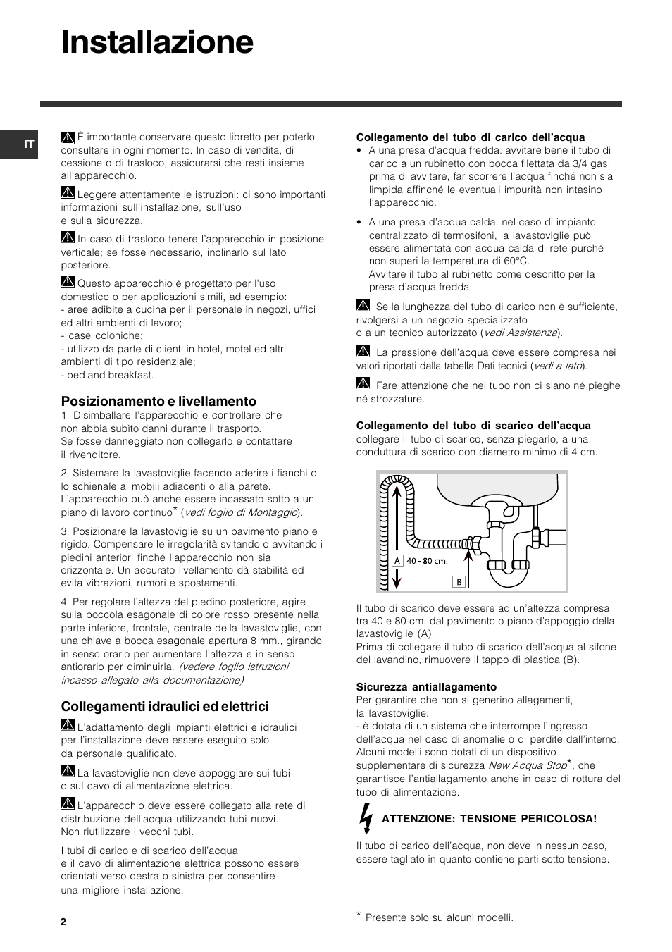 Installazione, Posizionamento e livellamento, Collegamenti idraulici ed elettrici | Indesit DFG 051 User Manual | Page 2 / 80