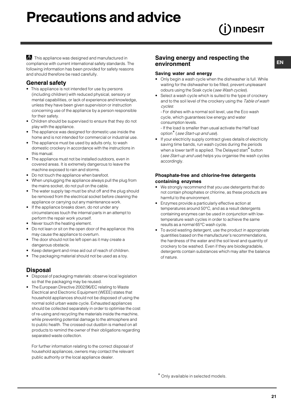 Precautions and advice, General safety, Disposal | Saving energy and respecting the environment | Indesit DFG 051 User Manual | Page 21 / 80