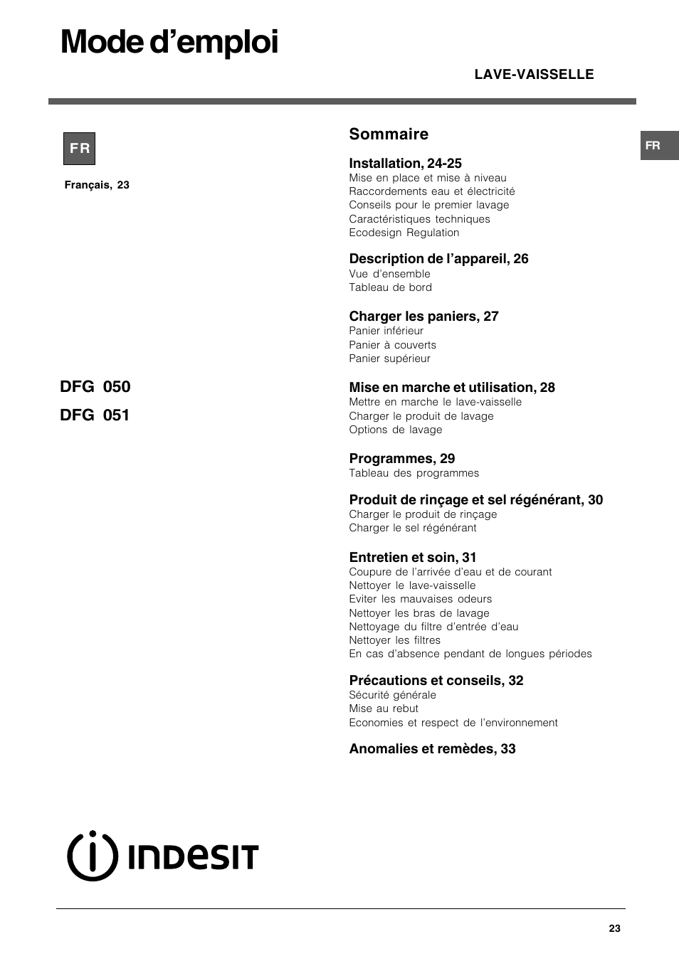 Mode demploi, Sommaire | Indesit DFG 051 User Manual | Page 23 / 80