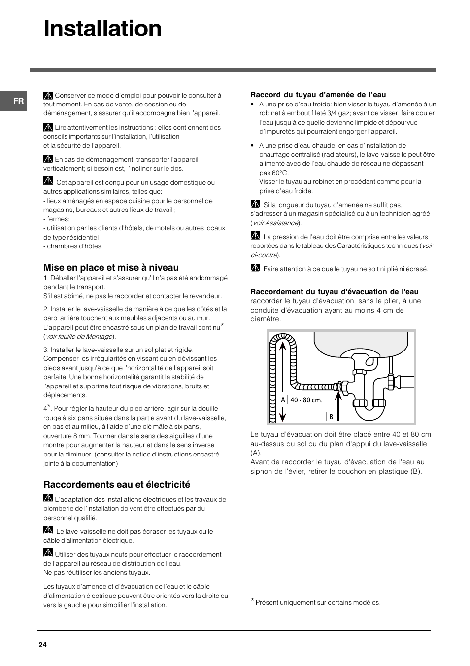 Installation, Mise en place et mise à niveau, Raccordements eau et électricité | Indesit DFG 051 User Manual | Page 24 / 80