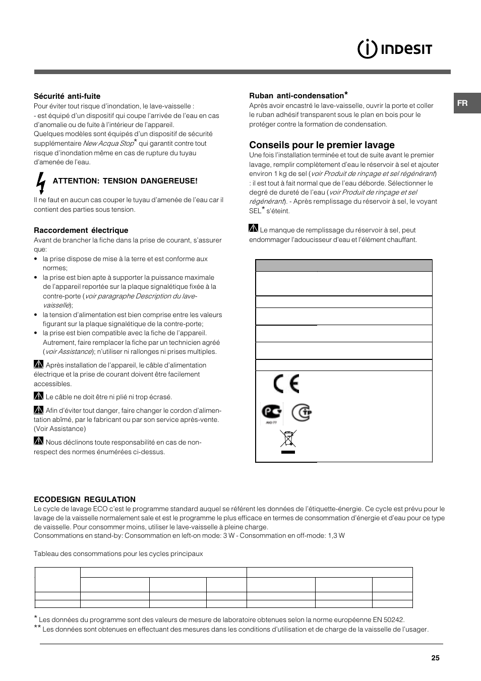 Conseils pour le premier lavage | Indesit DFG 051 User Manual | Page 25 / 80