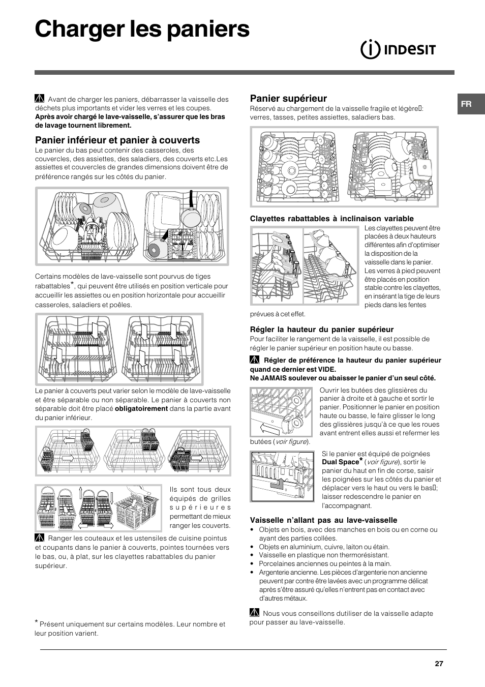 Charger les paniers, Panier inférieur et panier à couverts, Panier supérieur | Indesit DFG 051 User Manual | Page 27 / 80