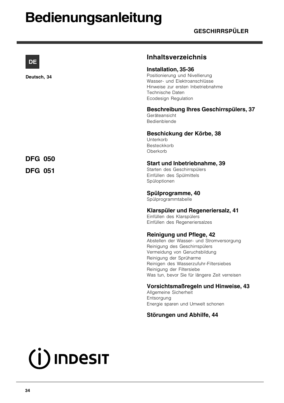 Indesit DFG 051 User Manual | Page 34 / 80