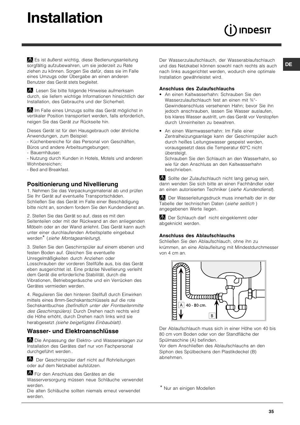 Installation, Positionierung und nivellierung, Wasser- und elektroanschlüsse | Indesit DFG 051 User Manual | Page 35 / 80