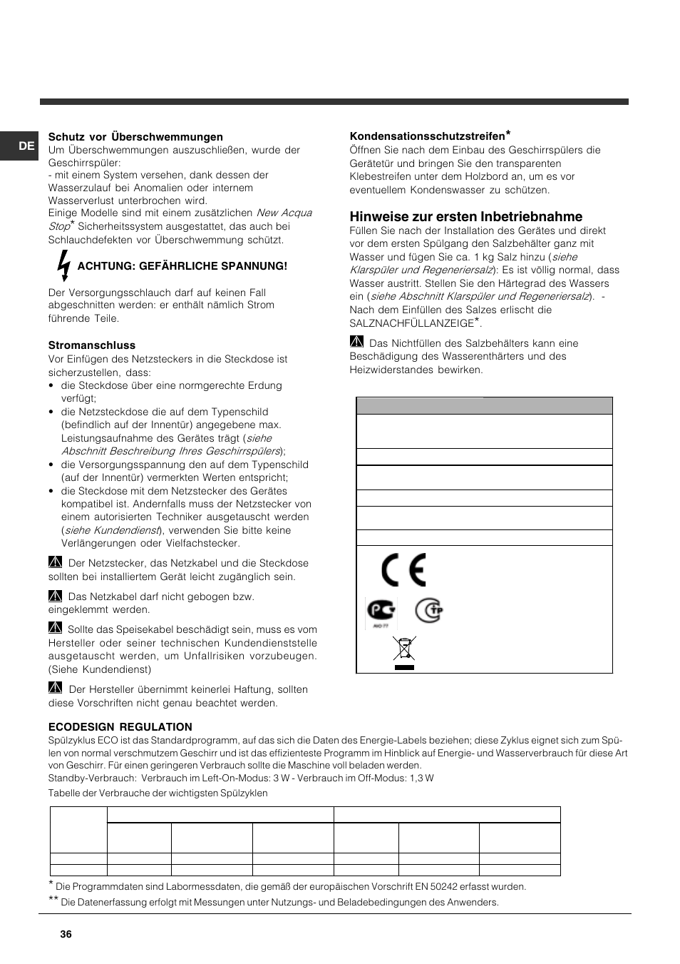 Hinweise zur ersten inbetriebnahme | Indesit DFG 051 User Manual | Page 36 / 80