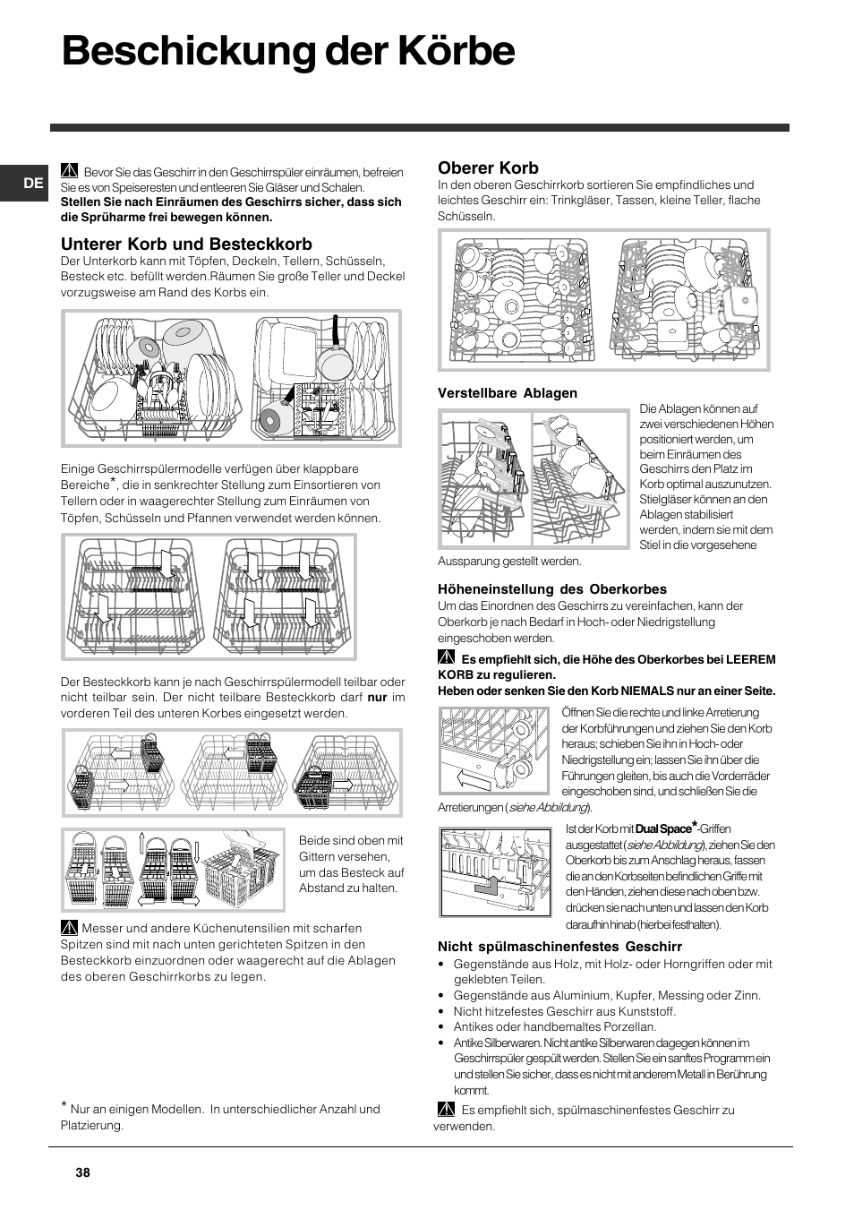 Beschickung der körbe, Unterer korb und besteckkorb, Oberer korb | Indesit DFG 051 User Manual | Page 38 / 80