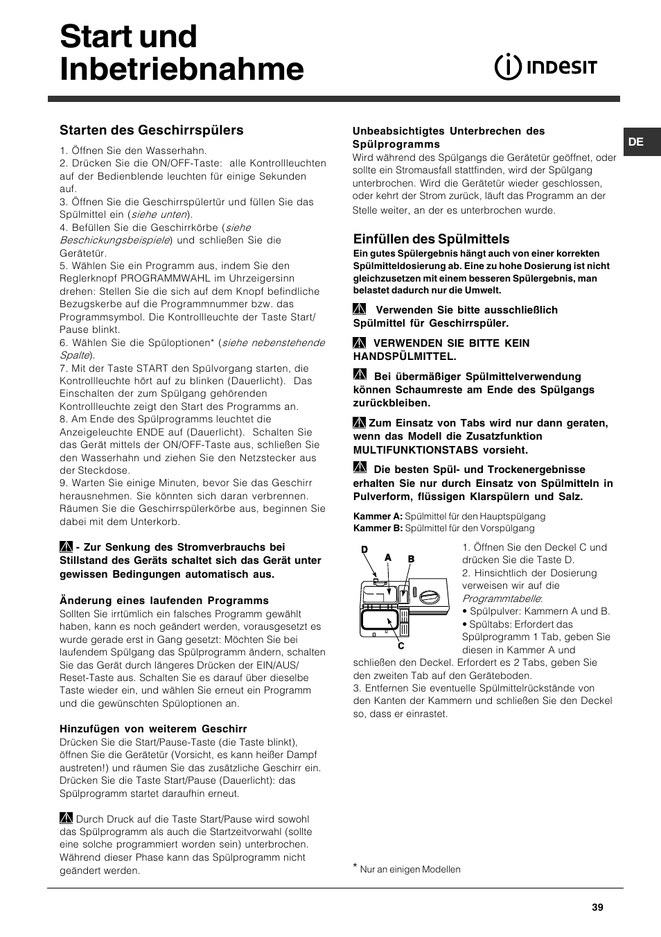 Start und inbetriebnahme, Einfüllen des spülmittels, Starten des geschirrspülers | Indesit DFG 051 User Manual | Page 39 / 80