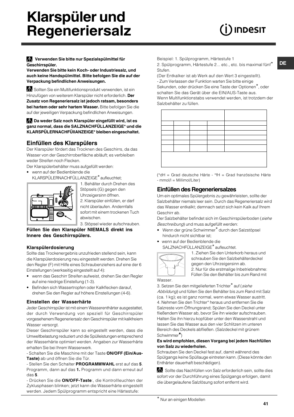 Klarspüler und regeneriersalz, Einfüllen des klarspülers, Einfüllen des regeneriersalzes | Indesit DFG 051 User Manual | Page 41 / 80