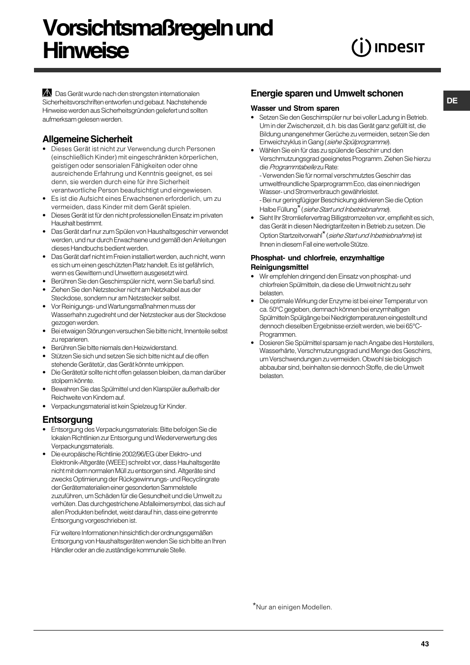 Vorsichtsmaßregeln und hinweise, Allgemeine sicherheit, Entsorgung | Energie sparen und umwelt schonen | Indesit DFG 051 User Manual | Page 43 / 80