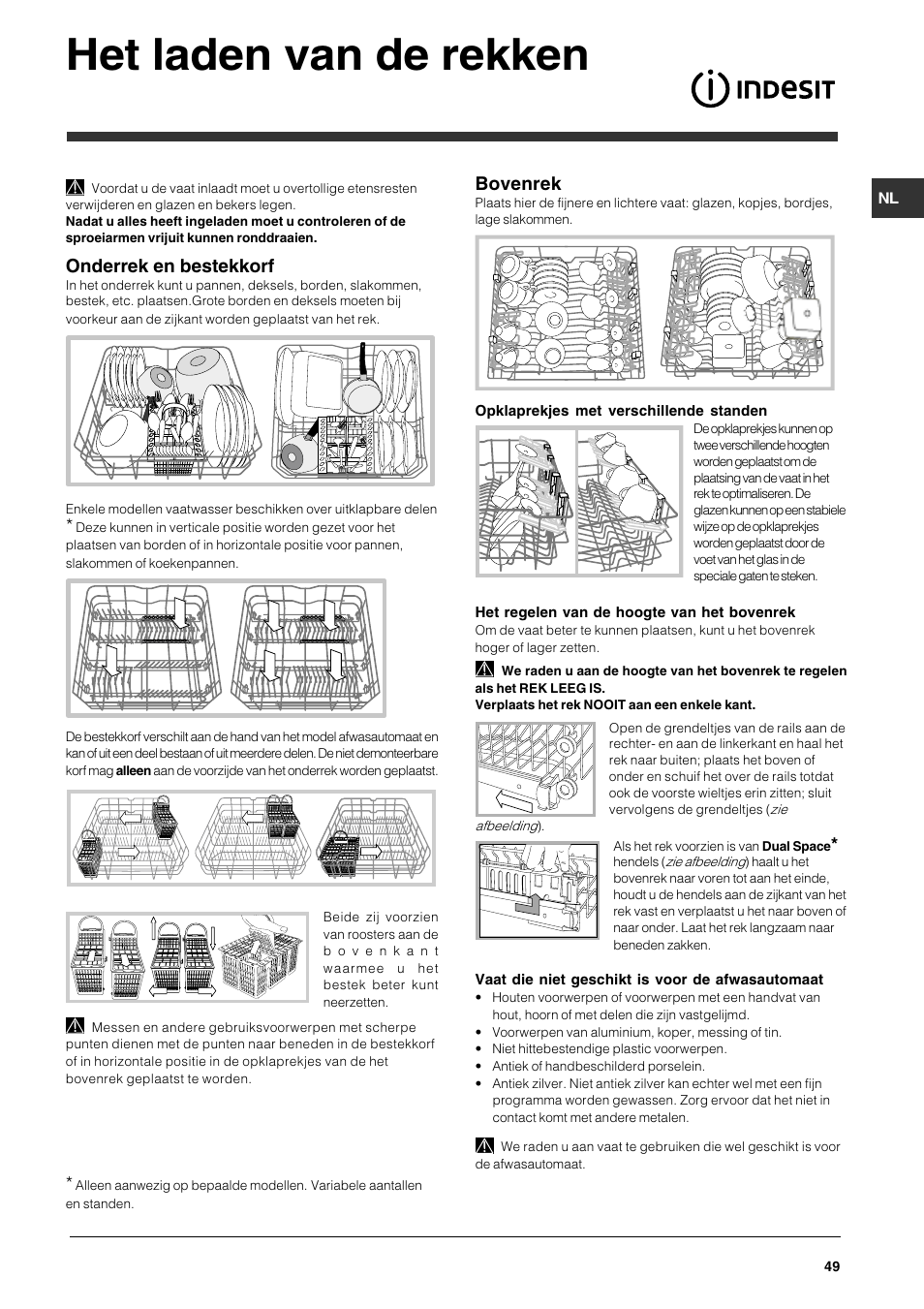 Het laden van de rekken, Onderrek en bestekkorf, Bovenrek | Indesit DFG 051 User Manual | Page 49 / 80