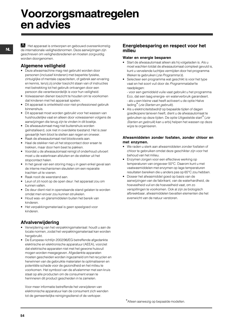 Voorzorgsmaatregelen en advies, Algemene veiligheid, Afvalverwijdering | Energiebesparing en respect voor het milieu | Indesit DFG 051 User Manual | Page 54 / 80