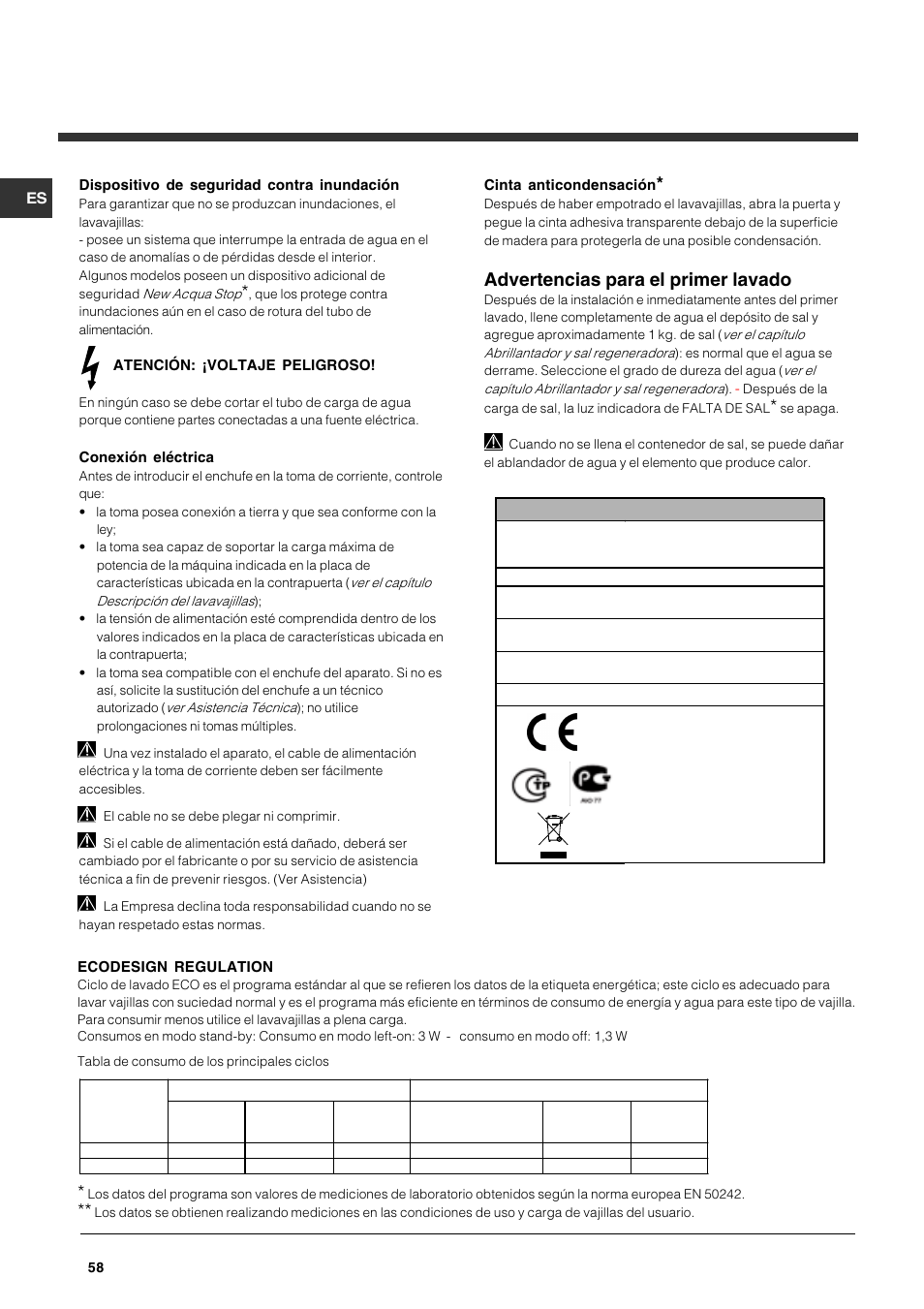Advertencias para el primer lavado | Indesit DFG 051 User Manual | Page 58 / 80